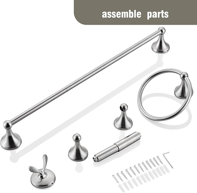4-Piece Bathroom Hardware Set: Brushed Nickel Bathroom Accessory Set, Towel Bar,Towel Ring,Toilet Paper Holder,Robe Hook, Wall Mounted,Optional Install Longer or Shorter Towel bar