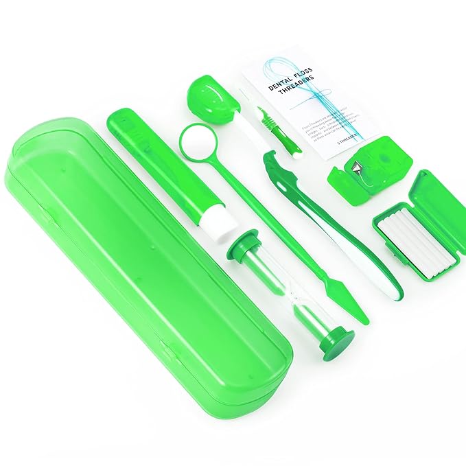 Annhua 8 Pcs Orthodontic Care Kit for Braces, Portable Braces Kit Cleaning Tools Tooth Pick Hygiene Set with Interdental Brush, Ortho Wax, Floss, Oral Mirror Included - Green