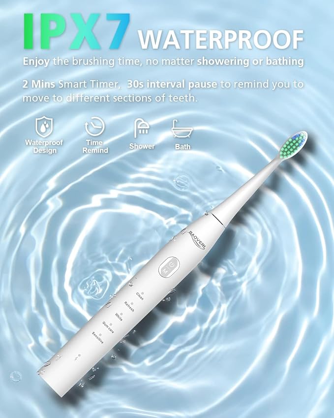 BAOVERI Electric Toothbrush for Adults & Kids,Rechargeable Ultrasonic Electric Toothbrush with 6 Dupont Brush Heads, IPX7 Waterproof, 5 Modes, 2 Minutes Smart Timer, 4 Hours Fast Charge for 60 Days