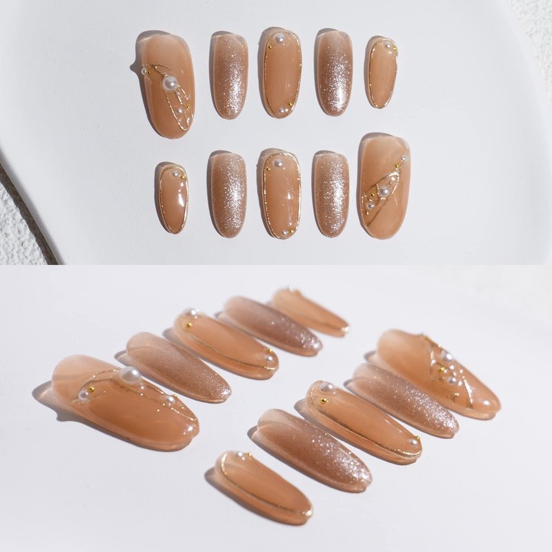 LIGHT RAIN Press on Nail Tips - Milky Way, Luxury Reusable Seven Layers Gel UV Finish False Nails, Handmade Nail Art with Design by Licensed Professional Manicurist, Long Oval Shape, Medium Size