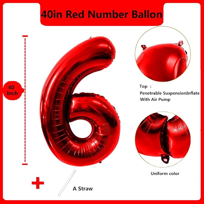 40 Inch Red Number 6 Balloon Large Red Foil Balloon Red 6 Balloons Mylar Helium Balloon for 6th Birthday Party Decorations Girls Boys Baby Shower Wedding Anniversary Decoration