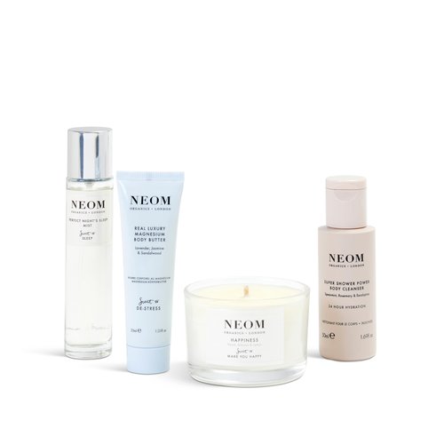NEOM- Wellbeing Discovery Collection | Perfect Night's Sleep Pillow Mist, Happiness Travel Candle, Real Luxury Magnesium Body Butter & Super Shower Power Cleanser | Gift Set
