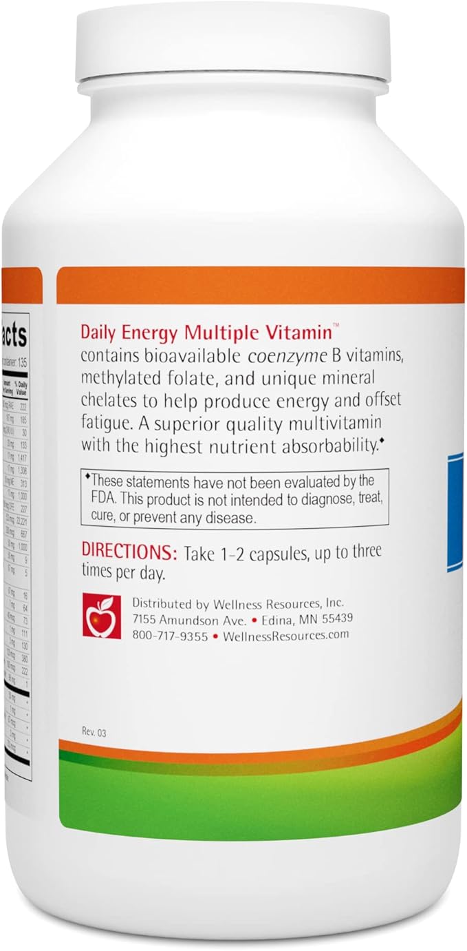 Wellness Resources Daily Energy Multiple Vitamin - 270 Capsules - Methylated Daily MTHFR Multivitamin Without Iron - Vitamin B12, Folate, & Bioavailable B Vitamins - Best Supplement for Energy & Mood
