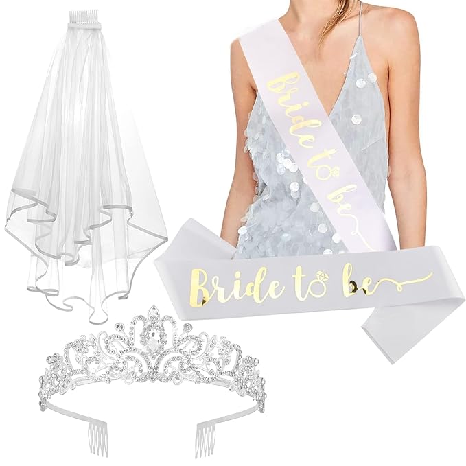 CIEHER 3 Pack Bachelorette Party Decorations - Crystal Crown, Bride To Be Sash & Wedding Veil for Bachelorette Party Favors Bridal Shower Gifts for Bride