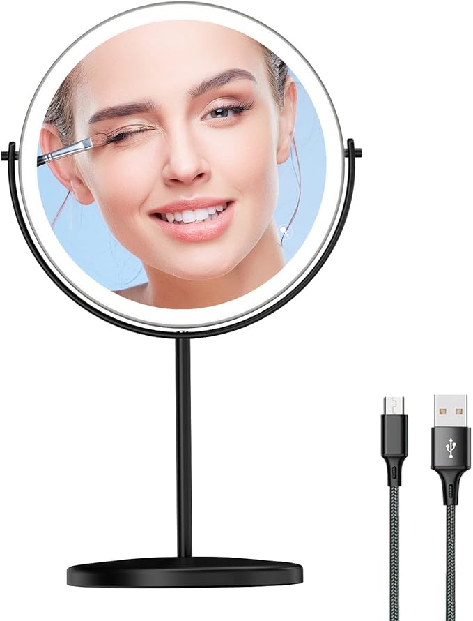 8” Lighted Makeup Mirror, 1X 10X Magnifying Mirror with Light, Double Sided Vanity Mirror with Lights, 3 Color LED Dimmable 2000mAh Rechargeable Black