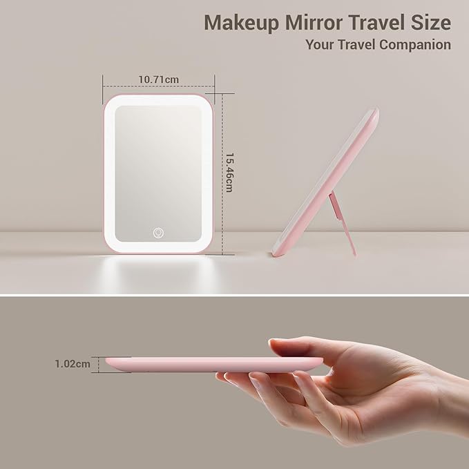 Kintion Travel Makeup Mirror, 6"*4.2" Rechargeable Portable LED Lighted Tabletop Vanity Mirror, 3 Colors Touch Dimmable Compact Mirror for Women Gift, Pink
