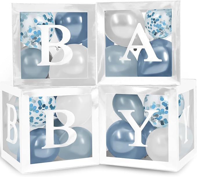 Baby Shower Boxes with Letters – White Boxes with White, Dusty Blue, Light Blue and Confetti Balloons – 44-Piece Gender Reveal & Party Decoration Set by Vellax