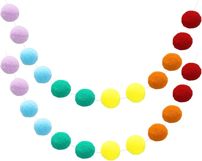 uxcell 2pcs Pom Pom Garland 6.6 Ft 30 Balls Colorful Felt Ball Garland for Wall Christmas Tree Decor Birthday Banner Easter Party Decorations, Rainbow Colour