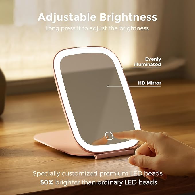 Travel Mirror with Light, Rechargeable Foldable Portable Mirror, 3 Color Lighting, 7.5 inch, Pink