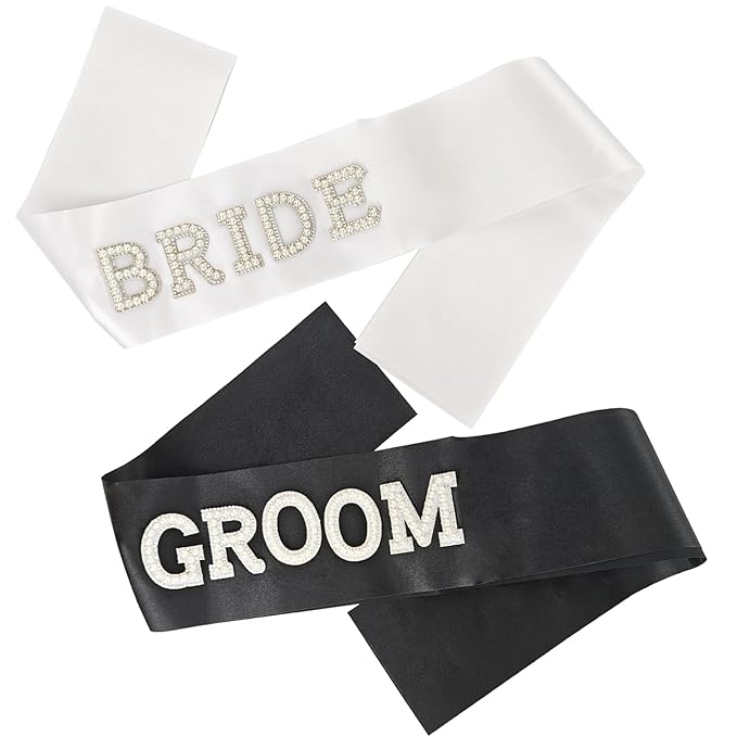 2Pcs Pearl Bride & Groom Sash Set – Bride Sash and Groom Sash, Wedding Engagement Decoration(White & Black, Extra Large)