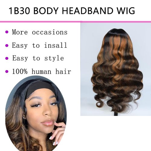 Comfair Headband Wigs Human Hair Half Wigs for Black Women 1B30 Color Wear and Go Glueless Bob Headband Wigs Short Straight Wigs 180% Density No lace Headband wig