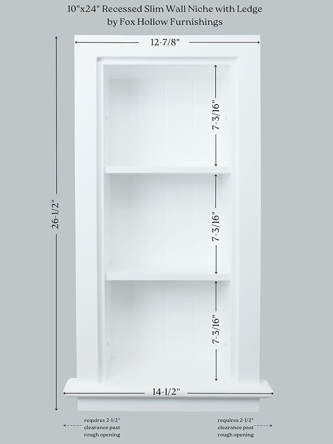 10x24 Slim Recessed Wood Bathroom Niche Medicine Cabinet Replacement w/ Ledge, Narrow Wall Niche Medicine Cabinet Replacement, Thin In The Wall Bathroom Cabinet Insert Shelf/Shelves, Beadboard, White