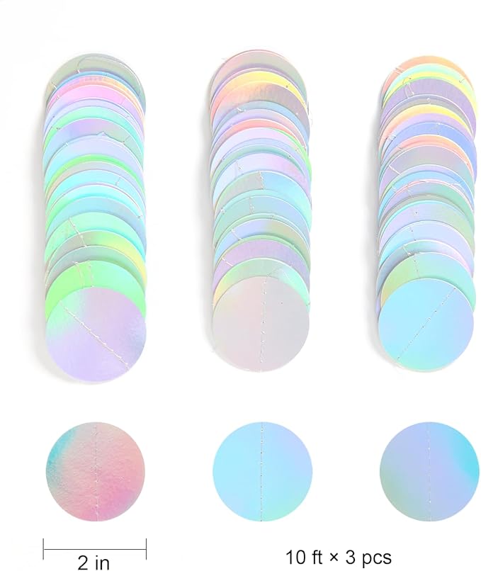 WEVEN Holographic Paper Garlands Party Decorations Laser Silver Circle Dots Banner Party Streamers, 30 Feet