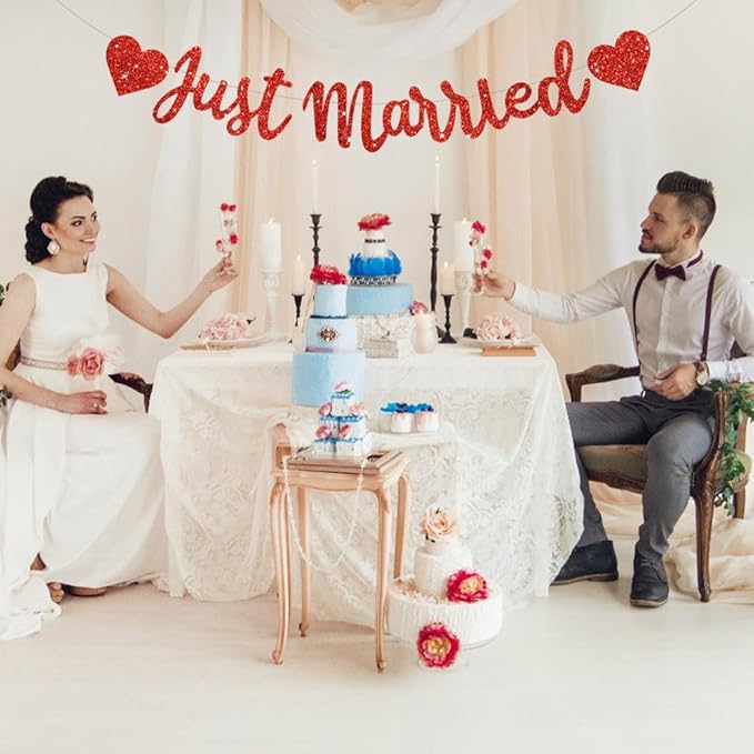 BEISHIDA Red Just Married Banner - NO DIY, Glitter Wedding Party Banner,Just Married Signs, Bachelorette/Bridal Garland,Engagement Party Decor Supplies, Wedding Reception Party Decorations.