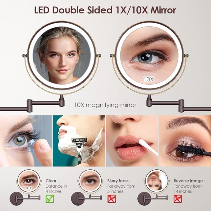 Rocollos Rechargeable Wall Mounted Lighted Makeup Mirror, 8 Inch Double-Sided LED Vanity Mirror 1X/10X Magnification,3 Color Lights Touch Screen Dimmable 360°Swivel 13 Inch Extendable