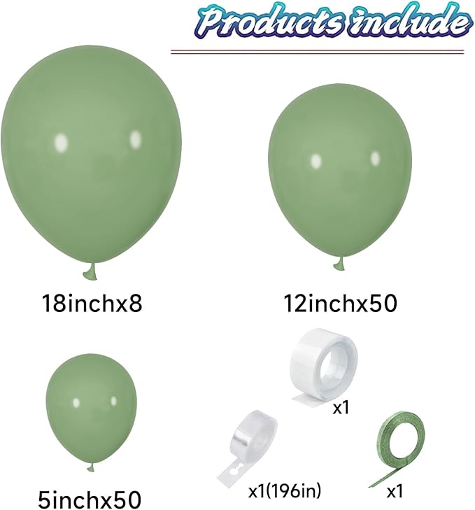 KAWKALSH Sage Green Balloon Arch Kit 111Pcs 18 12 5 Inch Latex Party Balloons Garland for Birthday Baby Shower Wedding Engagement Anniversary Christmas Party Decorations