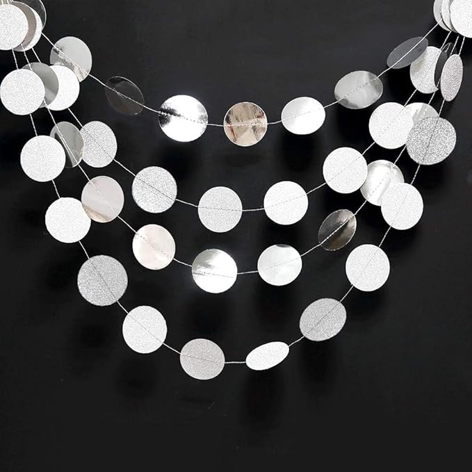 Cheerland Silver Party Decorations Circle Garlands Silver Birthday Decorations Banner Hanging Streamer Backdrop Decor Bday Bridal Bachelorette EID Graduation Christmas NYE New Year Eve Party Supplies