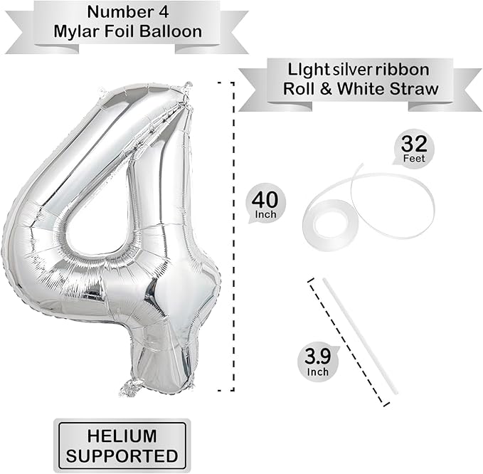 40 Inch Silver Number Balloons, Helium Mylar Foil Number Balloons for Birthdays, Number 4 Balloon for Party Wedding Bachelorette Birthday Bridal Shower Graduation Anniversary Celebration Party Decorations Supplies