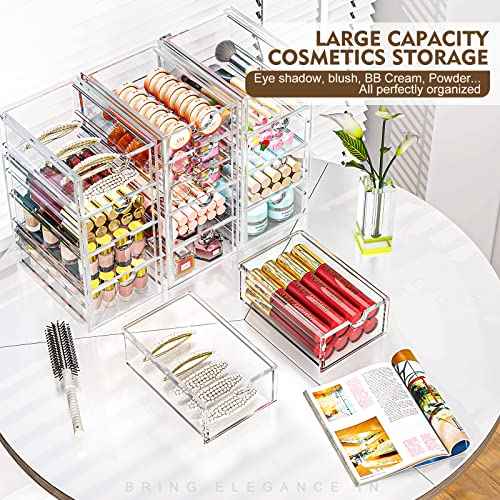 Acrylic Makeup Organizer with 19 Drawers, 4 Pack Clear Storage Drawers, Bathroom Makeup Organizer for Palettes, Cosmetic, and Beauty Supplies,Ideal for Vanity, Cabinet,Desk Organization