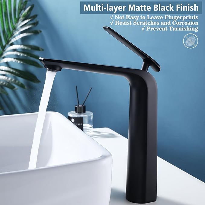 TOCALOCA Black Bathroom Faucet Tall Vessel Sink Faucet Matte Black Bathroom Sink Faucet, Single Handle 1 Hole Cold and Hot Water Mixer Vanity Sink Tap