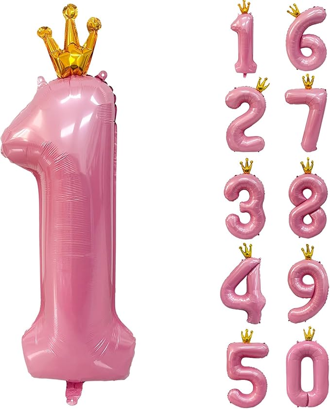 40 inch Pink Number 1 Balloon with Crown, Pink Crown Balloons 0-9 for 1st Birthday Party Anniversary Decorations Supplies