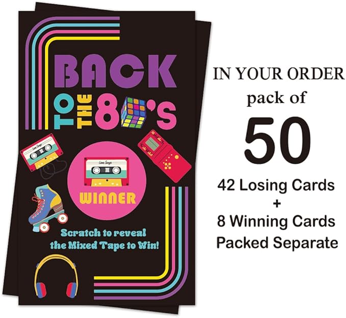 Haizct 50 Pack Back to The 80s Theme Scratch off, Retro Console Mixed Tape Scratch Card for Baby Shower Birthday Party Lottery Group Game Enterprises Activity, Baby Shower Activity and Idea