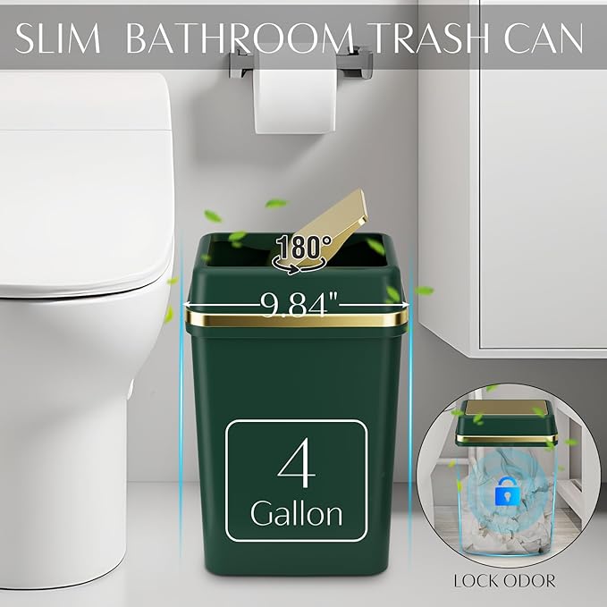 9PCS Bathroom Accessory Set, Dark Green Bathroom Set with Large-Capacity 4 Gallon Trash Can, Bathroom Accessories Set Complete, Toothbrush Holder, Soap Dispenser, Toilet Brush, Bathroom Decor
