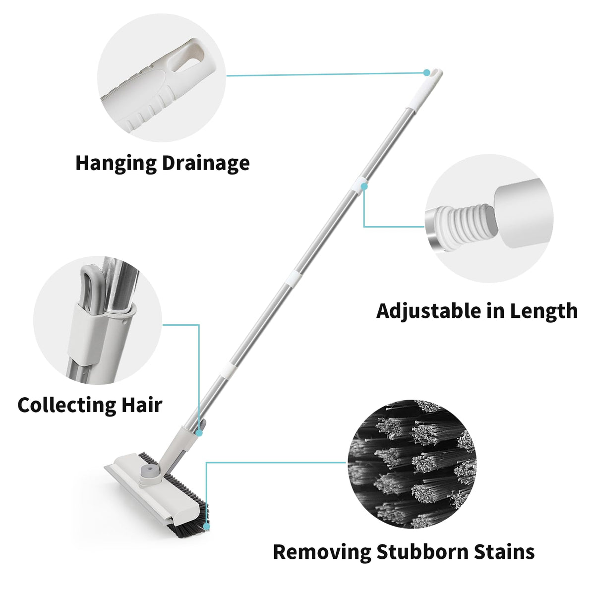 Floor Scrub Brush with Long Handle, 3 in 1 Scrape and Heavy-Duty Stiff Bristle Scrubber Brush for Cleaning Shower Bathroom, Patio, Garage, Kitchen, Wall and Deck (White, 2 Pack)