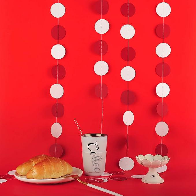 WEVEN Red and White Paper Garland Circle Dots Party Garland Banner Streamer Backdrop Hanging Decorations, 2" in Diameter, Pack of 3, 30 Feet in Total