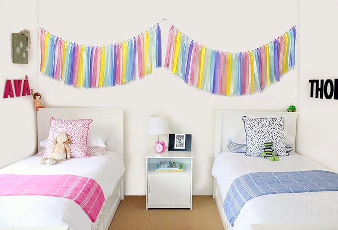 Pastel Rainbow Ribbon Tassel Garland Colorful Fabric Banner Hanging Patry Decoration Backdrop for Baby Shower, Highchair, Birthday Macron Banner Backdrop Decor 40 Inches(L) X 14 Inches(W)