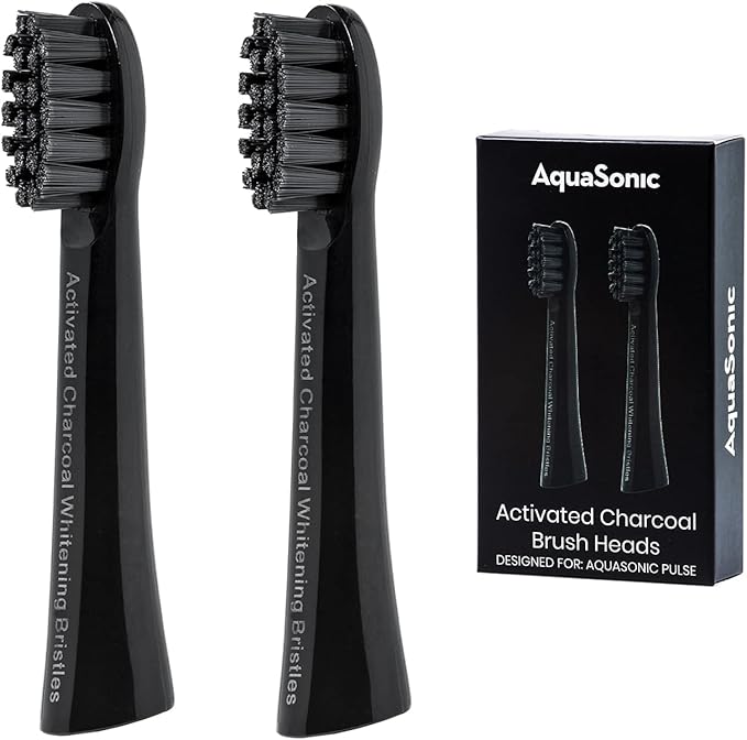 AquaSonic Pulse Activated Charcoal Replacement Brush Heads - Ultra Whitening Brush Heads - 2X Whitening & Stain Remover - Compatible only with AquaSonic Pulse- 2 Pack (Black)