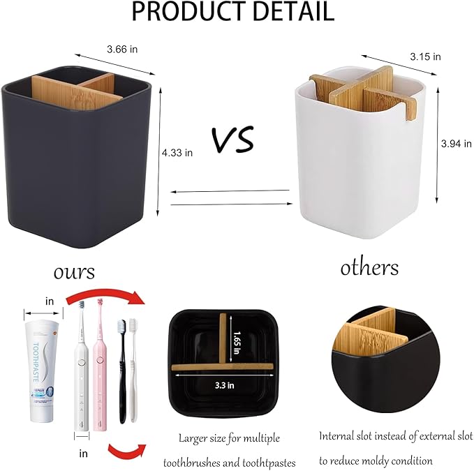 Bamboo Toothbrush Holder for Bathrooms, 3 Slots Toothbrush and Toothpaste Holder Bathroom Counter Organizer for Electric Toothbrushes, Floss, Razors - Cool Grey