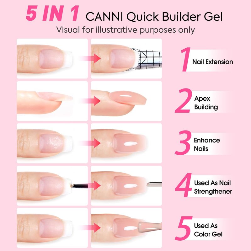 CANNI Quick Builder Nail Gel For Nails Set – 6 Colors 9ML Clear White Pink, Soak Off UV LED Nail Extensions & Strengthening, Self-Leveling Builder Gel for DIY Manicure & Salon Use Women