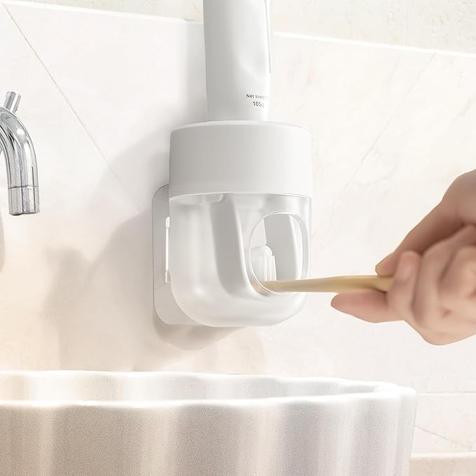 Toothpaste Dispenser, Wall Mounted Automatic Toothpaste Squeezer for Kids and Adults, with Strong Adhesive Sticky Hook, Labor Saving Bathroom Toothpaste Dispenser, White