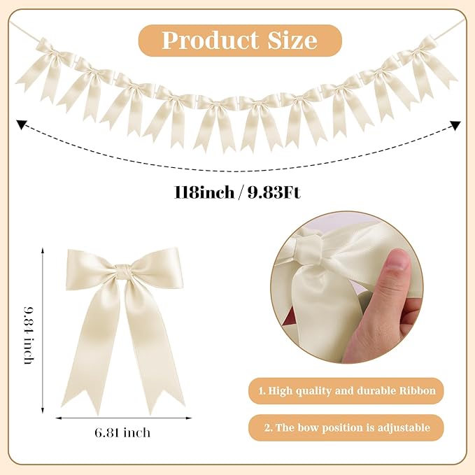 Ivory White Bow Garland Bow Banner Bow Party Decorations Pre-Strung Large Coquette Satin Ribbon for Birthday Bachelorette Party Bridal Shower Wedding Engagement Baby Shower
