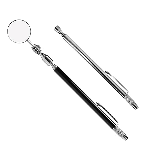 Telescoping Inspection Mirror with Pen Buckle, Tail with Needle, Magnetic，26 Inch Long Handle, Round Extendable Mirror on a Stick for Technicians Mechanics Contractors Checking Observation
