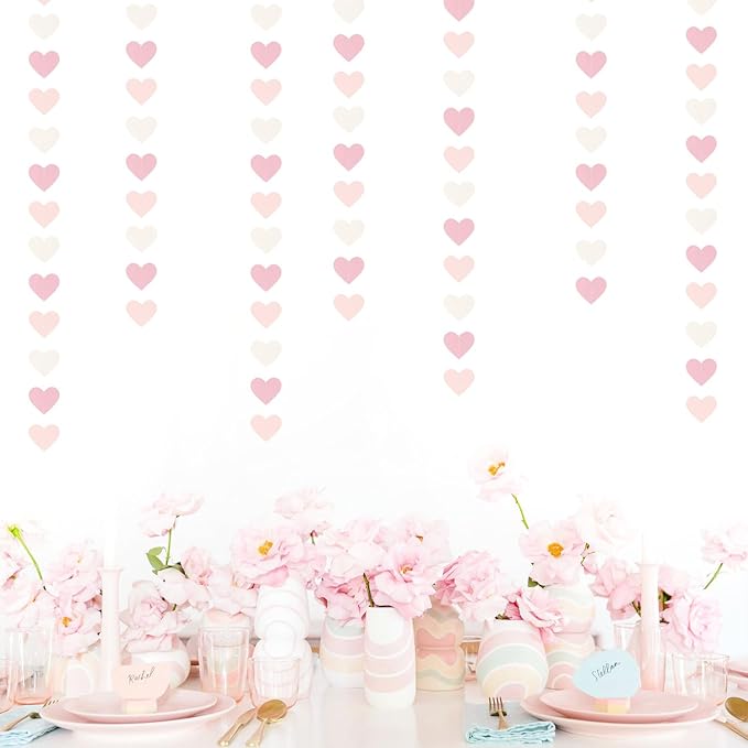 Pink-White Girls Birthday Party-Decorations Heart-Garland - 52Ft Valentines Day Proposal Galentines Wedding Paper Streamers Banner,Baby Bridal Shower Engagement Bachelorette Decor Lasting Surprise
