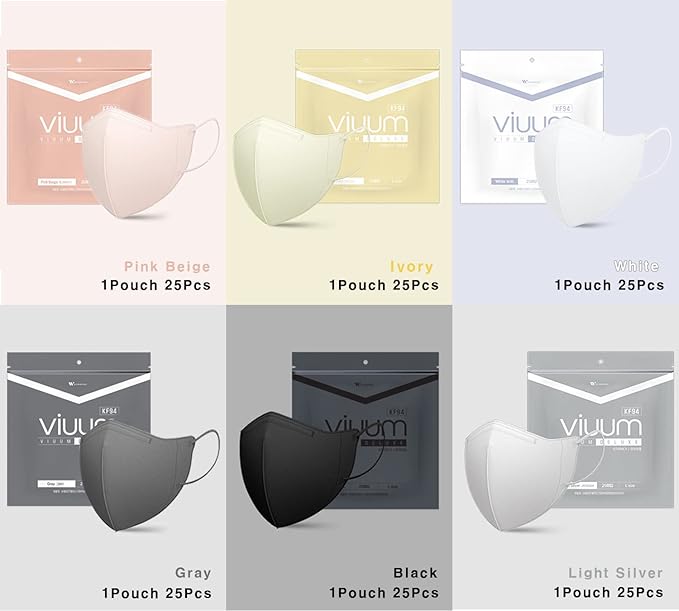 HOMSSEM [25pcs] VIUUM Deluxe Korean Face Color Mask– Soft and Durable Korea Face Mask for Adults –2D 4-Layer Filter 6Color (White-Large)