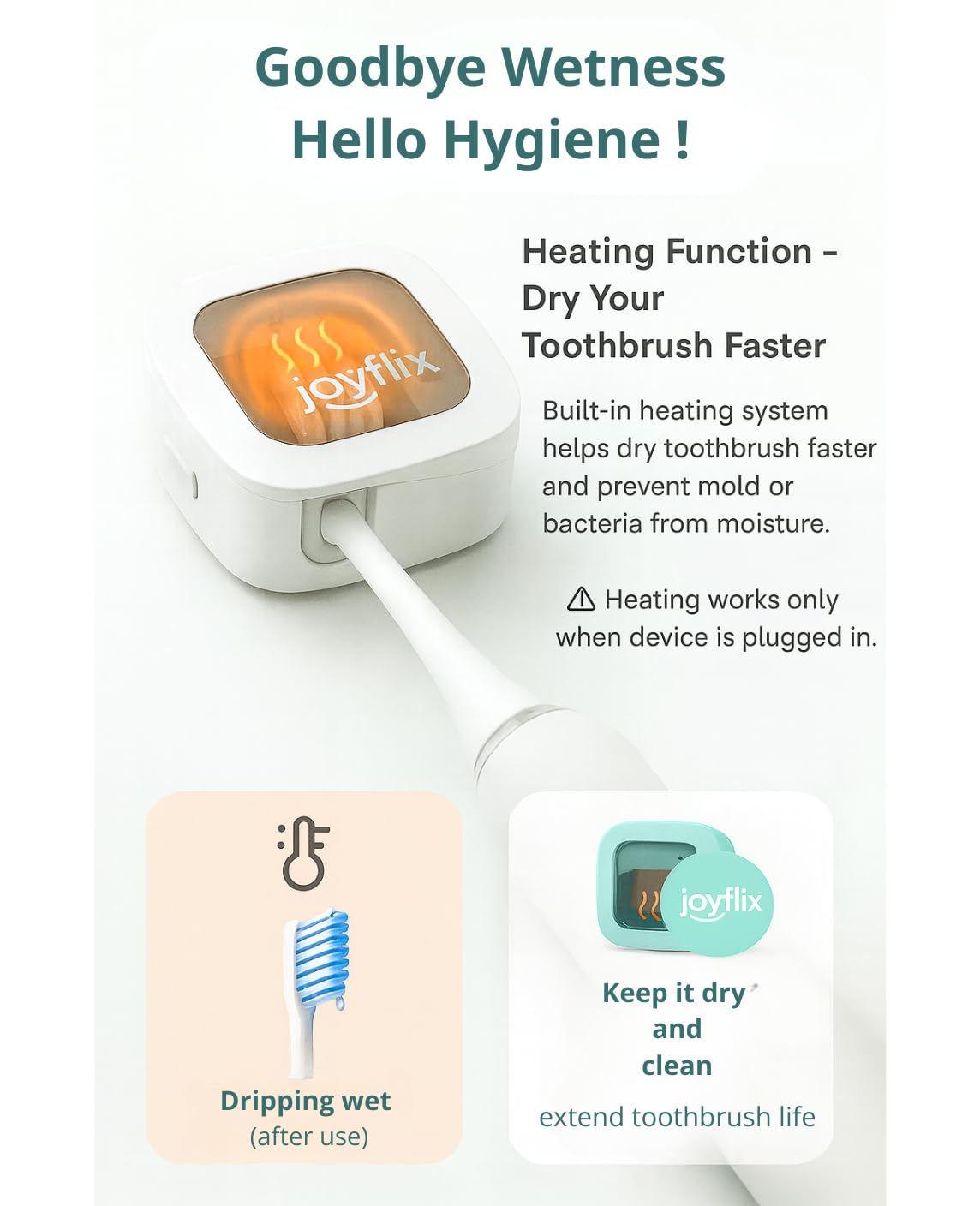 joyflix UV-C Toothbrush Sanitizer | Portable & Rechargeable | 99.9% Sanitization with Heating Function | Magnetic Mount, Travel-Friendly & Compact Design (Blush Pink)