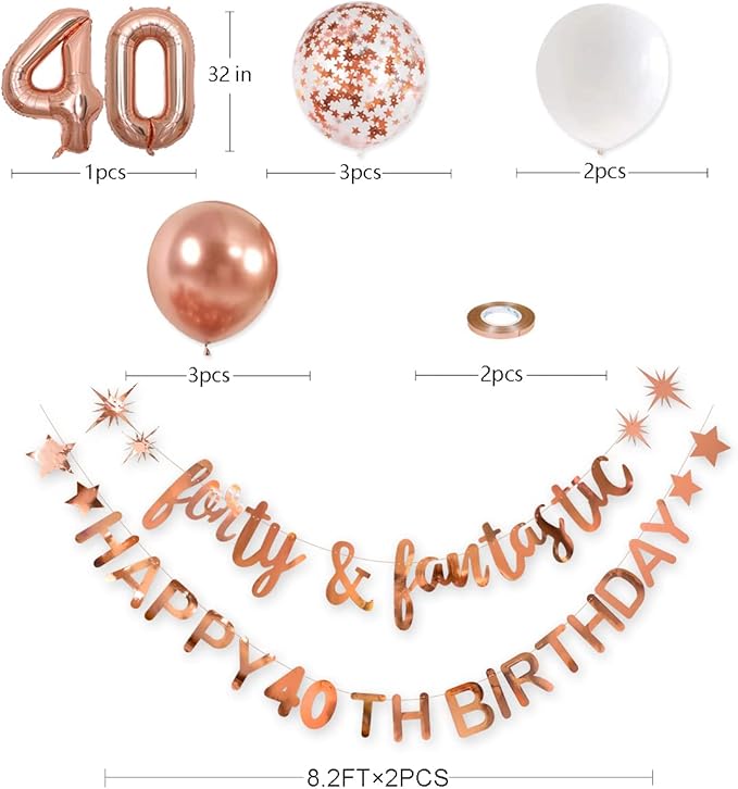 Rose Gold 40th Birthday Decorations for Women Forty & Fantastic Happy 40th Birthday Banner Garland Foil Balloon 40 for Womens 40 and Fabulous Cheers to 40 Years Old Birthday Party Supplies Backdrop