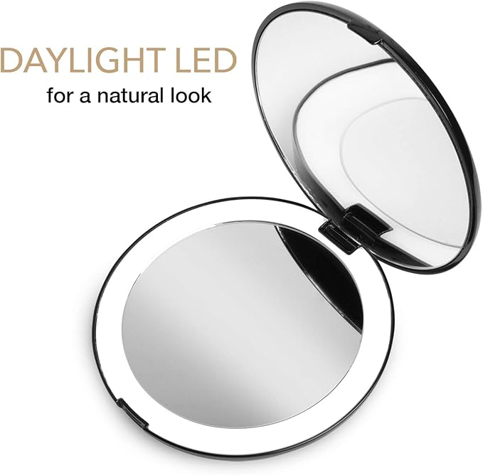 Fancii LED Lighted Travel Makeup Mirror, 1x/10x Magnification - Daylight LED, Compact, Portable, Large 5” Wide Illuminated Folding Mirror