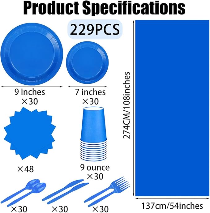 TWOWYHI 229PCS Blue Party Supplies Set Paper Disposable Plates Cups Plastic Spoons Forks Knives Blue Napkins for 30 Guests Disposable Party Dinnerware Set for Wedding Birthday Parties
