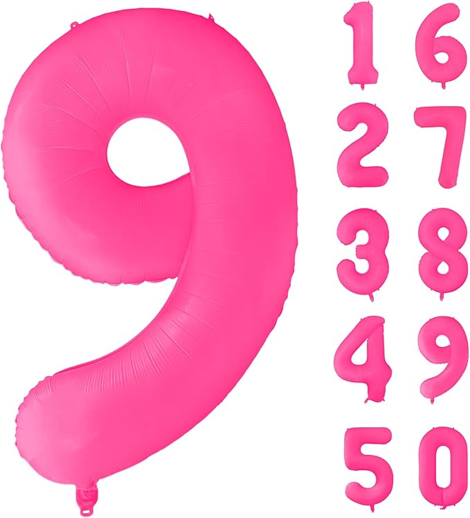 Fluorescent Rose Red Number Balloon 40 inch Giant Foil Helium Balloons Pink Number 9 Balloon for 9th Birthday Party Decorations