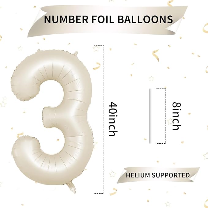 40 Inch Cream Number 3 Balloon, Beige Large 3rd Birthday Balloons, Digital 3 Cream White Giant 3 Foil Balloon Helium for Boys Girls 3rd Birthday Decorations Anniversary Baby Shower Party Supplies