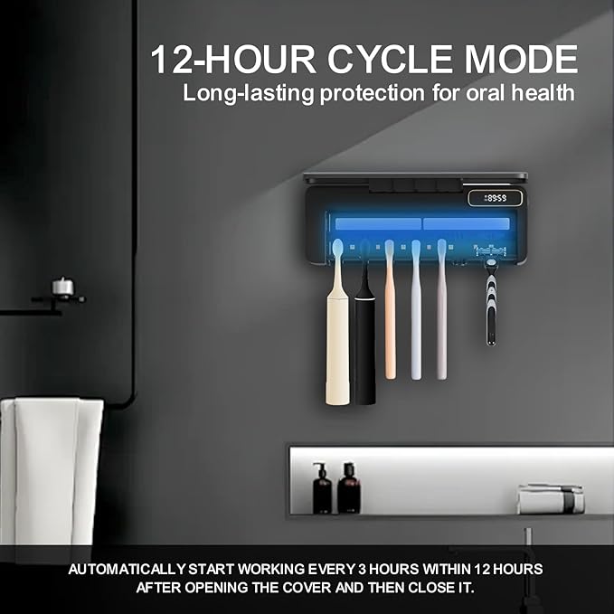 UV Toothbrush Sanitizer Holder for Bathrooms, 5+1+1 Slots Toothbrush Sanitizer and Holder, Rechargeable Cordless Wall Mounted Tooth Brush Holder with Heating Functions, No Drilling (Black)