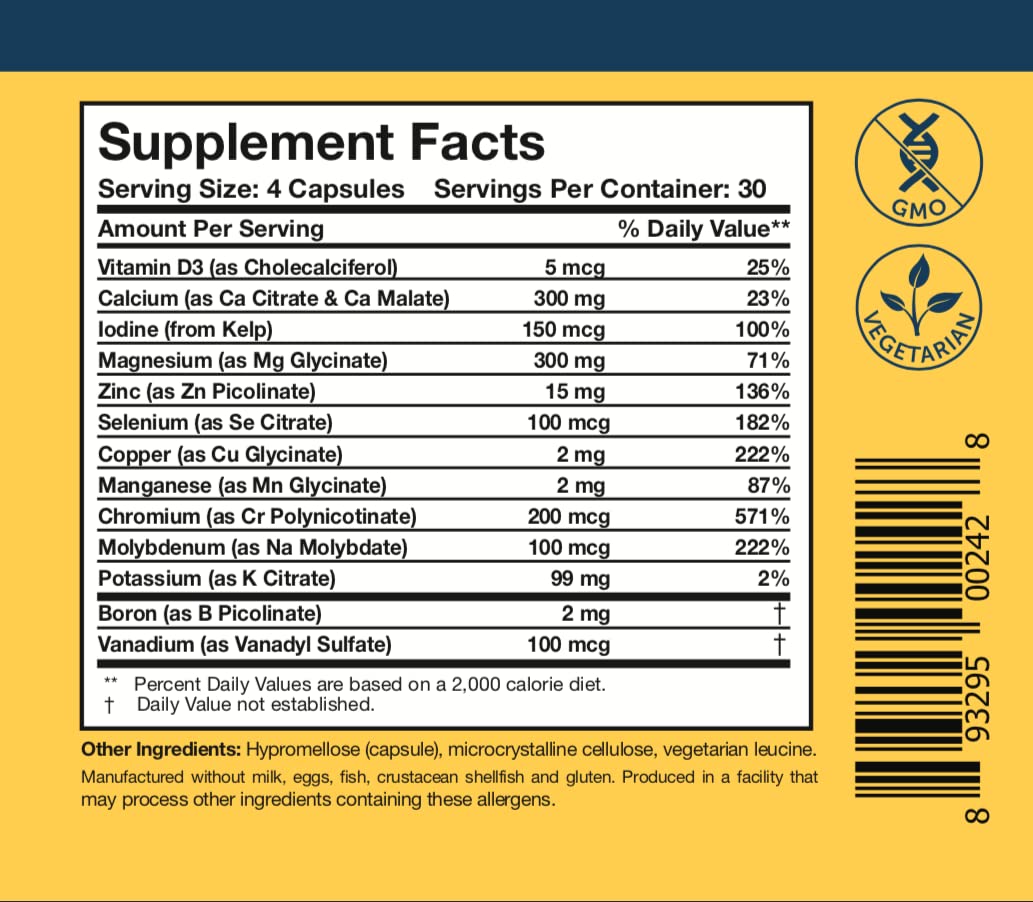Researched Nutritionals Core Minerals - Daily Trace Minerals Supplement - Iron-Free Blend with Vitamin D3, Magnesium Glycinate & Iodine for Thyroid, Bone & Metabolic Support (120 ct)