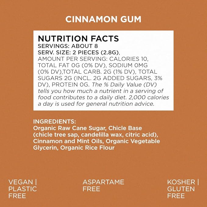 SIMPLY Gum Cinnamon, Plastic-Free Natural Chewing Gum, 6 Pack (90 Pieces) | Vegan, Kosher, Non GMO, Aspartame Free and Sorbitol Free