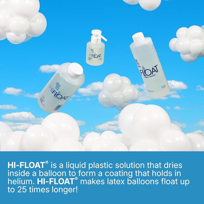HI-FLOAT Balloon Treatment 16 oz – Extends Float Time for Helium-Filled Latex Balloons – Treats Up to 100 (11-Inch) Balloons – Non-Toxic, Biodegradable Balloon Sealant