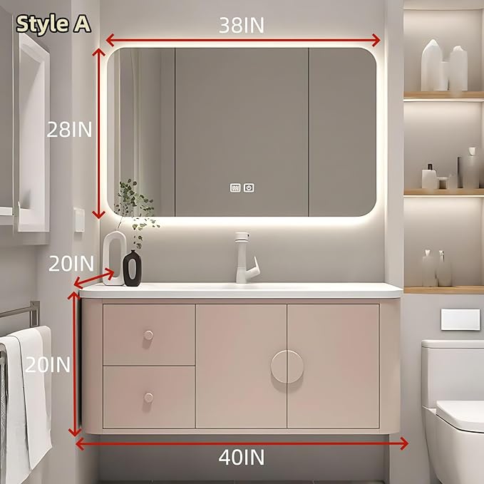 40IN Pink Modern Bathroom Vanity - Bathroom Vanities Set with 2 Drawers Wall Mounted | Rounded Corner Smart Defogging Mirror Cabinet with Lighting & Time Display, Side Opening Storage Shelf (Style A)