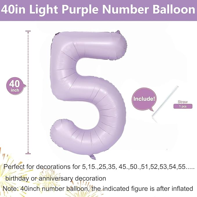 40 Inch Purple Number Balloons Light Purple 5 Balloon Matte Purple Birthday Balloons 0-9 Birthday Wedding Party digital Decorations (Number 5)
